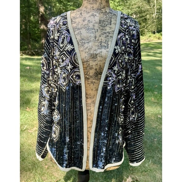 Vtg Oleg Cassini Sparkly Beaded Sequin Jacket Embellished Pearls Open Front Sz L - Picture 10 of 16